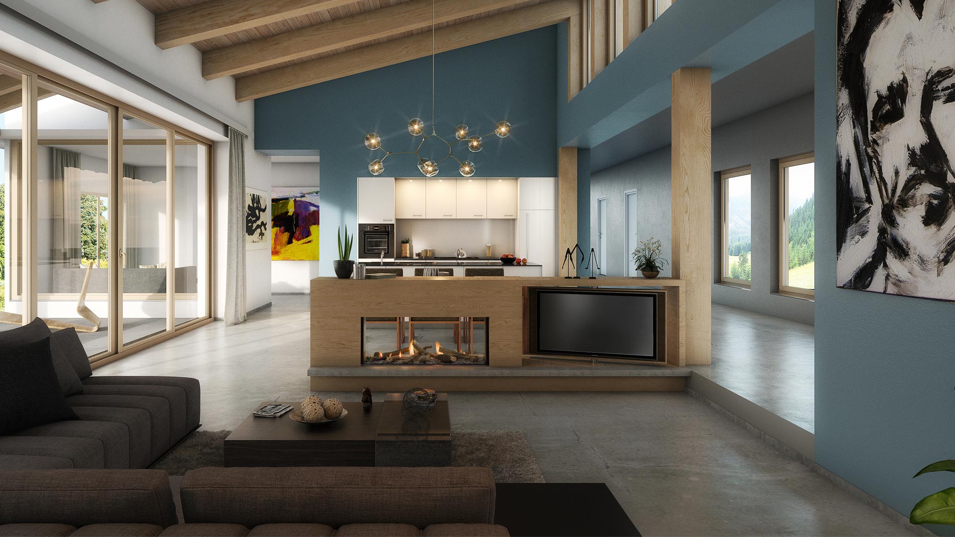 DS1150 double sided gas fireplace with spinning television