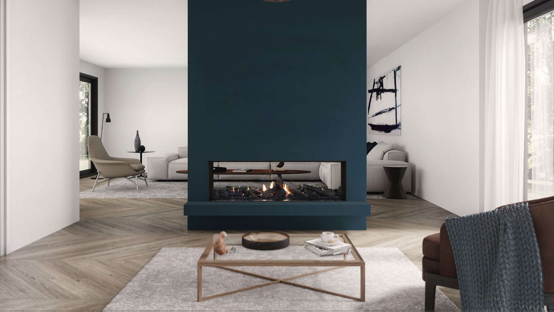 Double sided fireplace from escea